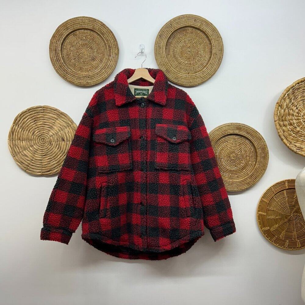 AEO American Eagle Red Plaid Button Teddy Sherpa Fleece Lumberjack Jacket Large